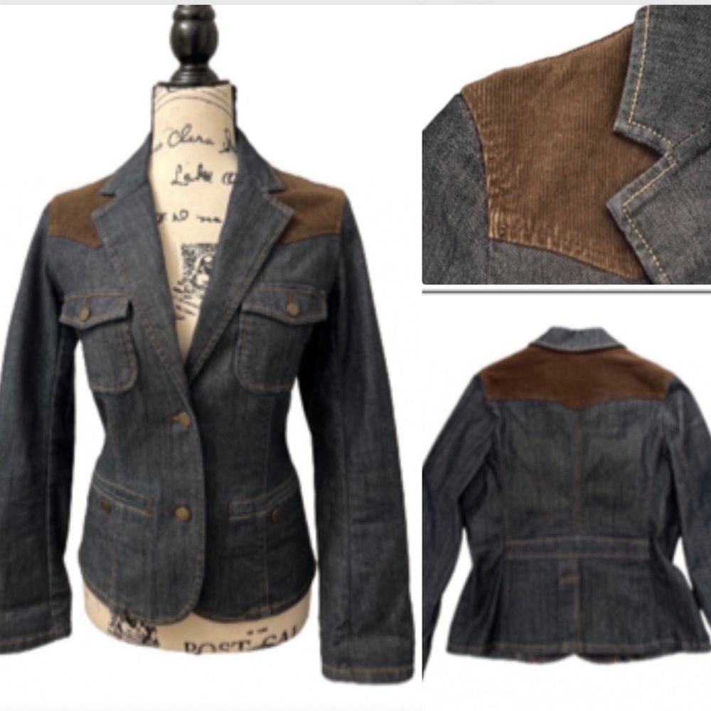 - EDDIE BAUER DARK BLUE DENIM BLAZER BROWN CORDUROY TRIM WESTERN JACKET SI…